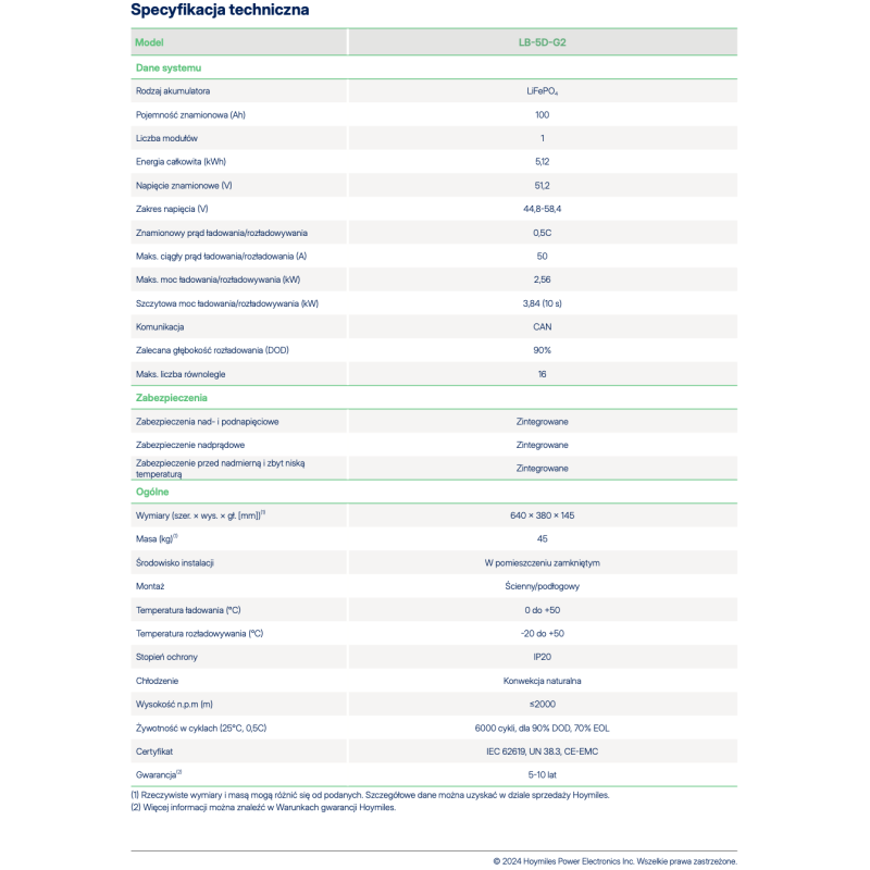 HOYMILES Bateria LB-5D-G2 51.2V 100Ah 5.12kWh (niskonapięciowy)